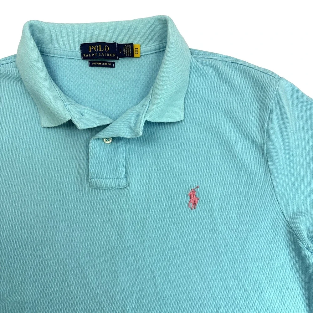 Ralph Lauren Polo Shirt Mens Large Blue Slim Fit Pink Pony Short Sleeve